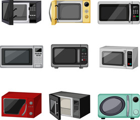 Wall Mural - microwave oven set cartoon. food cooking, equipment kitchen, technology electrical, appliance cooking, button microwave oven vector illustration