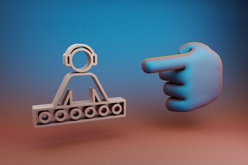 Poster - Beautiful illustrations abstract Hand index finger points to DJ with Headphones symbol icon on a multicolor bright background. 3d rendering illustration. Background pattern for design. Musical object.