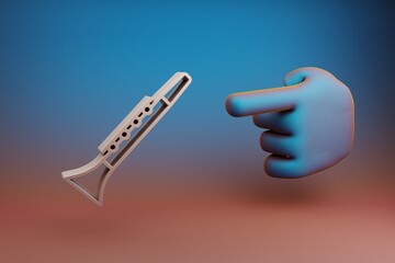 Poster - Beautiful illustrations abstract Hand index finger points to Inclined Clarinet symbol icon on a multicolor bright background. 3d rendering illustration. Background pattern for design. Musical object.