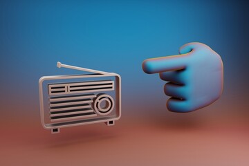 Poster - Beautiful illustrations abstract Hand index finger points to Old Radio with Short Antenna symbol icon on a multicolor bright background. 3d rendering illustration. Background pattern for design
