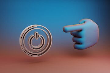 Poster - Beautiful illustrations abstract Hand index finger points to Round Power Button symbol icon on a multicolor bright background. 3d rendering illustration. Background pattern for design. Musical object.