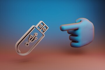 Poster - Beautiful illustrations abstract Hand index finger points to Pendrive Device symbol icon on a multicolor bright background. 3d rendering illustration. Background pattern for design. Musical object.