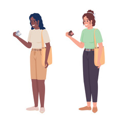 Poster - Women with cream jars semi flat color vector characters set. Editable figures. Full body people on white. Cosmetics simple cartoon style illustrations collection for web graphic design and animation