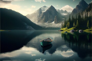  a boat is sitting on a lake with mountains in the background and clouds in the sky above it. Generative AI