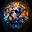 AI-generated illustration of a Schnauzer dog in a stained glass/mosaic frame in the style of Alphonse Mucha