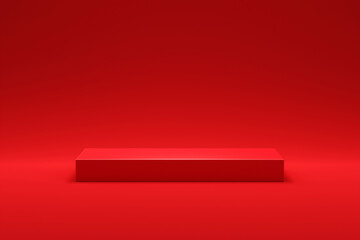 Aufkleber - Long red table podium 3d background stage with empty presentation show product scene studio pedestal display stand or blank rectangular advertising platform shelf and minimal floor showcase backdrop.