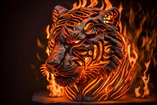 Fire Sculpture Of Tiger , Tiger Face Made Of Flame
