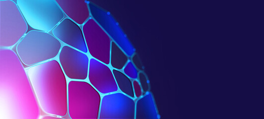 Poster - Cyberspace nanotechnology 3D illustration. Neon network of light cells