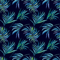 Watercolour blue green tropical palm leaves illustration seamless pattern. On dark background. Hand-painted. Floral elements, jungle leaves.