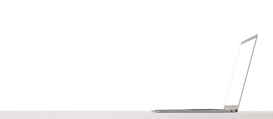 Poster - Mockup laptop. Slim modern laptop with white screen on grey background. side view. wide web banner. copy space. 3d illustration