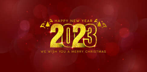 Wall Mural - illustration of 2023 Happy New Year golden colors with red backgrounds for sign billboard, printable design , Advertising material, Layouts and print collages flyer celebration, holiday party elements