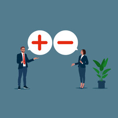 Two people with plus and minus signs. Positive and negative thinking, contrasts, polarity and opposition concept. Flat modern vector illustration.