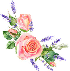 Wall Mural - Watercolor rose and lavender bouquet. Floral collection with flowers and leaves. Hand painted set of spring decorative design elements for banners, cards, wedding invitations