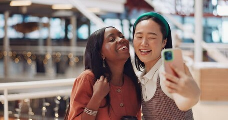 Sticker - Friends, selfie and women in mall with smile, happiness and funny face with phone for social media. Influencer woman, diversity and smartphone in shopping mall with coffee, digital picture and social