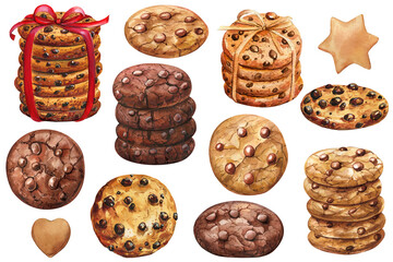 Set Chocolate chip cookie. biscuit on a white background, sweet watercolor set of elements, hand drawing painting