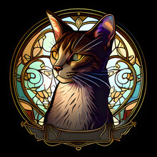 AI-generated Illustration Of A Abyssinian Cat In A Stained Glass/mosaic Frame In The Style Of Alphonse Mucha