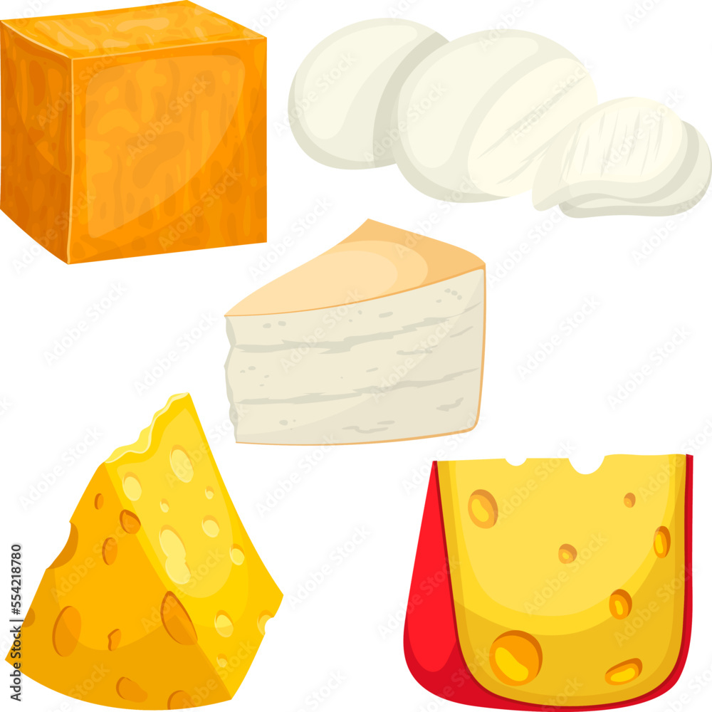 cheese dairy set cartoon. white food, cheddar parmesan swiss gouda ...