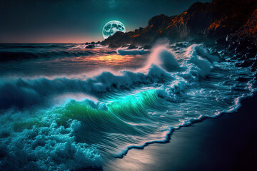 Night fantasy seascape with futuristic waves and foam. Neon foam on water waves. Lights of a distant city. 3D illustration.	