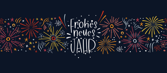 Wall Mural - Cute hand drawn New Years banner with fireworks and German type saying 