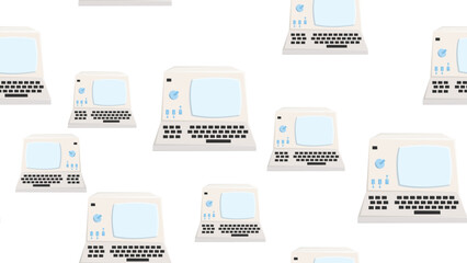 Poster - Seamless pattern endless computer with old retro computers, vintage white hipster pc from 70s, 80s, 90s isolated on white background. Vector illustration