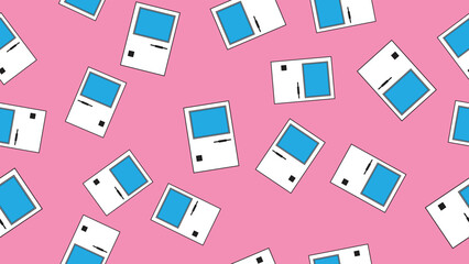 Poster - Seamless pattern endless computer with old retro computers, vintage white hipster pc from 70s, 80s, 90s isolated on pink background. Vector illustration
