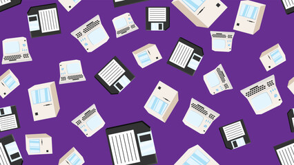 Poster - Seamless pattern endless computer with old retro computers, pc and vintage white hipster floppy disks from 70s, 80s, 90s isolated on purple background. Vector illustration