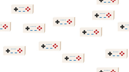 Poster - Seamless pattern endless with game console joysticks, electronic toys old retro vintage hipster from 70s, 80s, 90s isolated on white background. Vector illustration