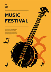 Banjo, folk. Music festival poster. String musical instruments. Competition. A set of vector illustrations. Minimalistic design. Banner, flyer, cover, print.