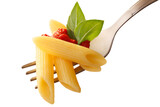 Fototapeta  - Penne rigate pasta with tomato sauce and basil on a fork isolated png