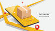 parcel box or carton Placed and displayed on yellow screen smartphone and all place on way GPS that pins location