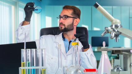 Poster - doctor laboratory. man physician synthesizes new medicine. guy in white coat sits at table with flas