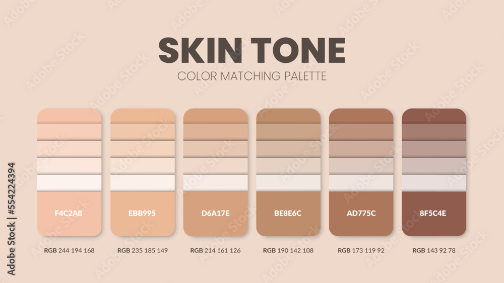 Color palette in Skin tone colour theme collections. Colors chart template. Color combination set of RGB codes. Color swatch for art, fashion, home design, or web design. Vector.