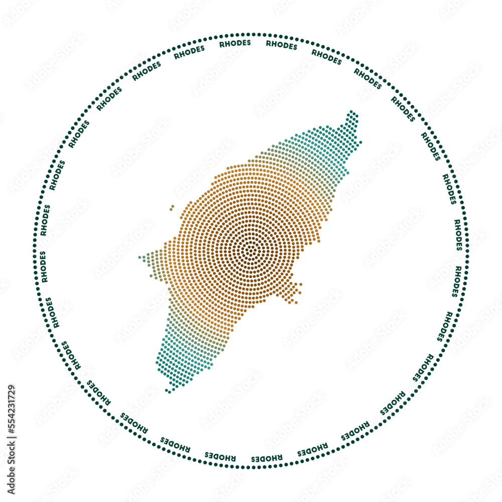Rhode Icon Vector Rhodes round logo. Digital style shape of Rhodes in a dotted circle ...