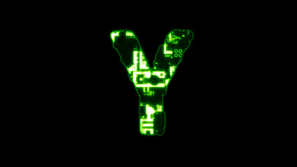 Poster - letter Y, lighting hi-tech digital cyber punk green alphabet on black, isolated - object 3D illustration