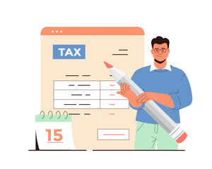 Wall Mural - Online tax payment. Government taxation concept. Tax calculation, making income tax return. Personal financial account. Man with tax bill, calendar, pencil. Cartoon flat vector illustration. 