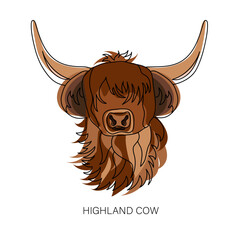 Wall Mural - Portrait of Highland cattle, cow. Cute head of Scottish cattle isolated on white background. Design element for logo, poster, card, banner, emblem, t shirt. Vector illustration.