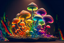 Psychedelic Decorative Mushrooms.  Image Created With Generative AI Technology.