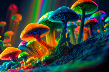 Psychedelic Decorative mushrooms.  Image created with Generative AI technology.