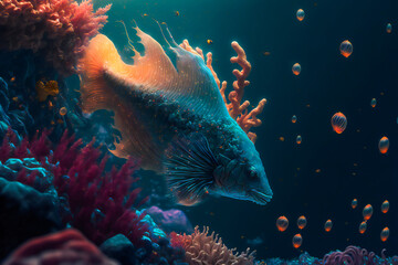 Wall Mural - Underwater wild world.  Tropical fishes.  Image created with Generative AI technology.