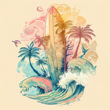 Surfing Lifestyle Theme With Pastel Tones. Illustration With Surfboard, Wave And Palm Generated By AI