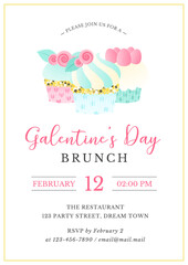 Wall Mural - Galentine's Day party invitation template. Beautiful background with creamy cupcakes. Vector 10 EPS.