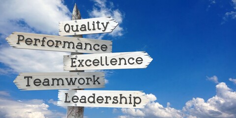 Wall Mural - Quality, performance, excellence, teamwork, leadership - wooden signpost with five arrows