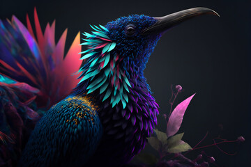 Colored abstract bird of paradise on a black background. Image created with Generative AI technology.