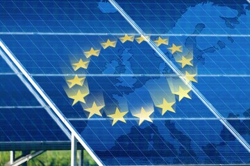 Wall Mural - Official European Union flag and solar panels background