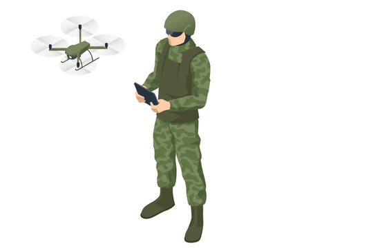 Isometric Special Soldier are Using Drone for Scouting During Military Operation, observing area, searching targets, monitoring enemy movements, directing artillery fire