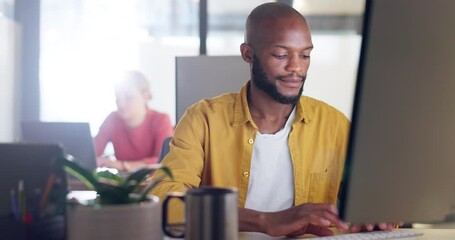 Poster - Office, computer and laptop of businessman with information technology, company software or website management for innovation. Desktop, multimedia technology of IT black man working on digital update