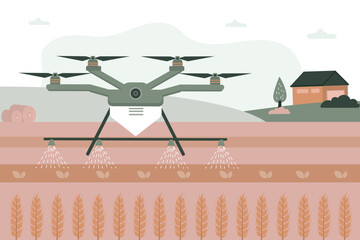 Smart drone is watering farmer fields. Remote control, artificial intelligence helps to harvest more. New technologies in agriculture. Autonomous cultivation of plants. Eco, organic farm.