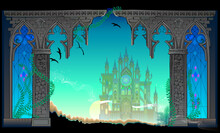 Fantasy Fairy Tale Environment. Landscape With Ruined Gothic Castle And Stained Glass. Background For Computer Game, Mural Wallpaper, Decoration, Theatrical Scenery. Vector Drawing Of Lost World.