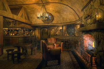 Poster - Armchairs by the fire in an old medieval tavern bar in the evening. 3D rendering.