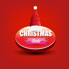 Wall Mural - vector Christmas sales paper banner or tag label with red santa hat on classic red christmas background. Red winter Christmas sale poster, banner, social media post design template and background